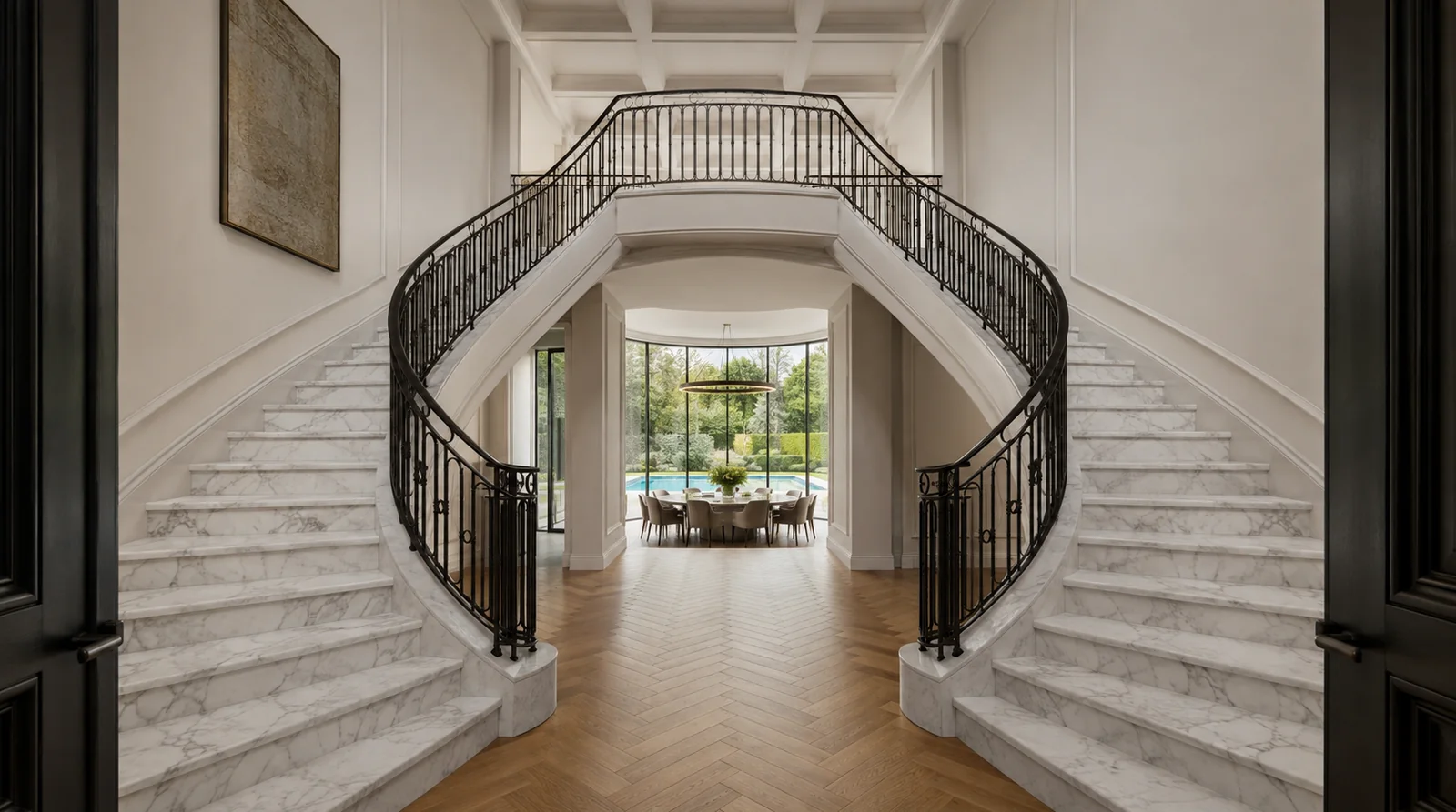 Entry hall with twin curved marble staircases and wrought-iron balustrades
