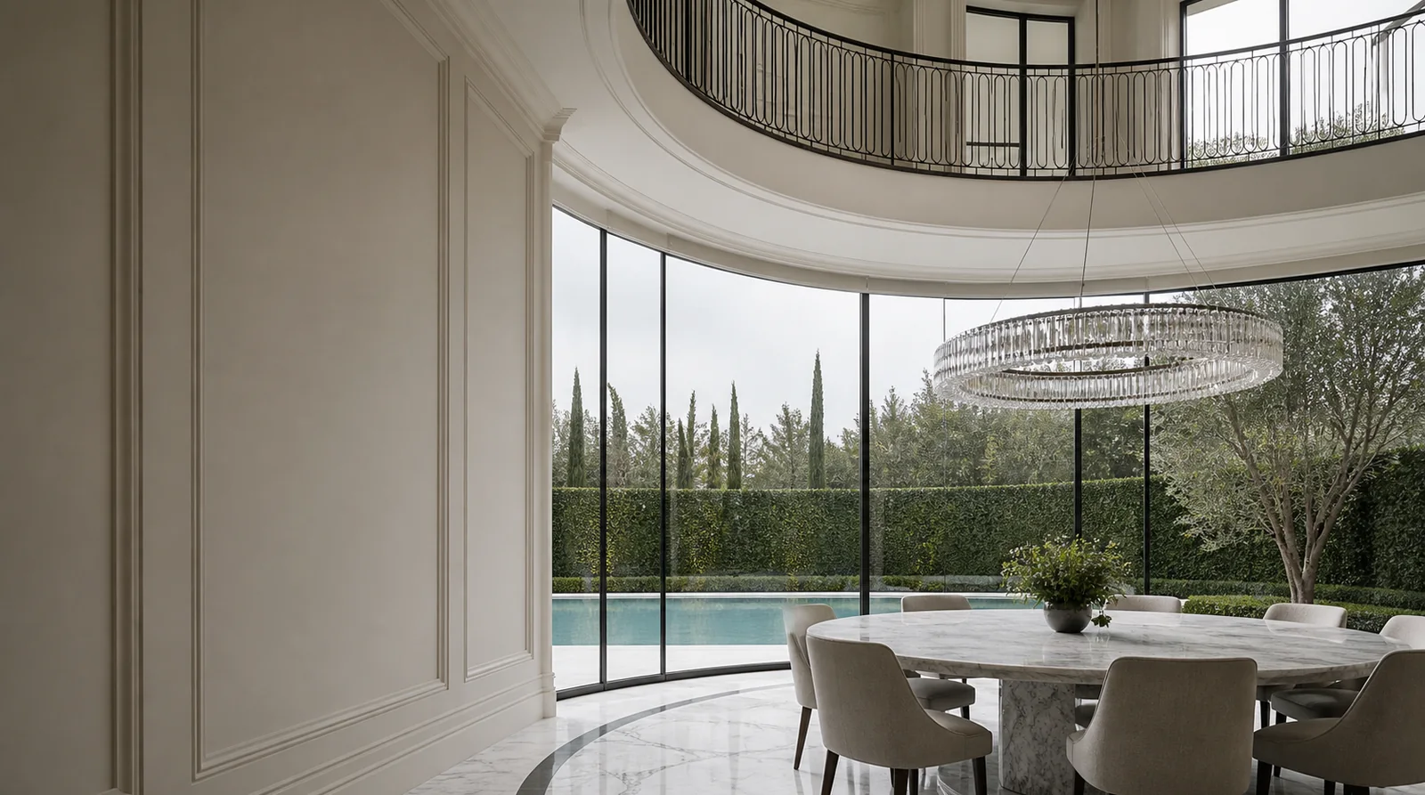 Double-height rotunda dining room with curved glazing to the pool