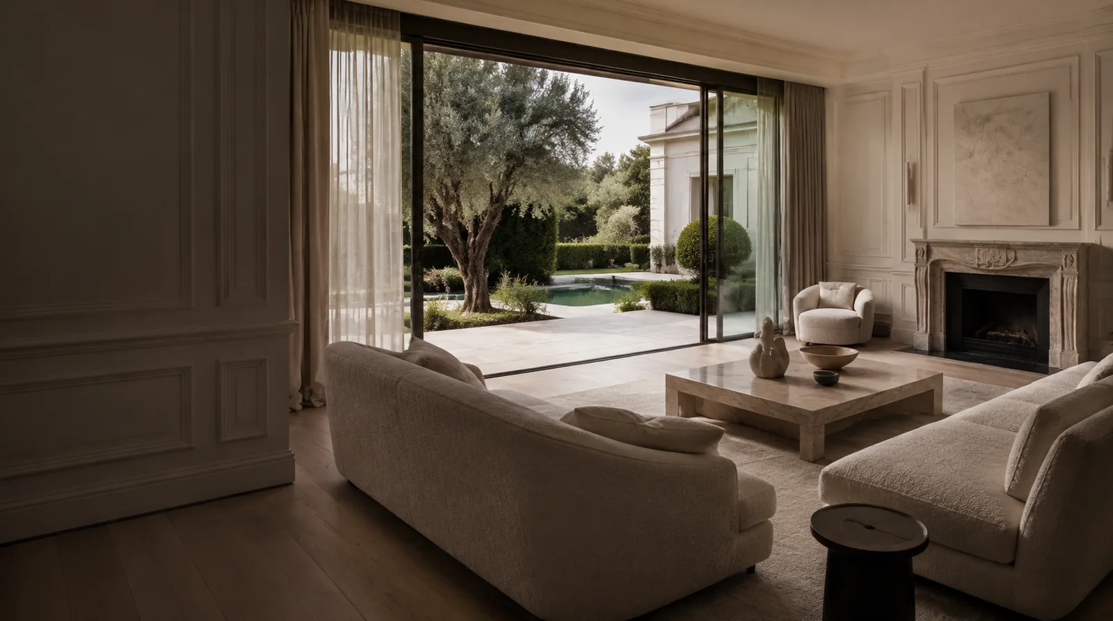 Living room opening through sliding glass to the garden and pool