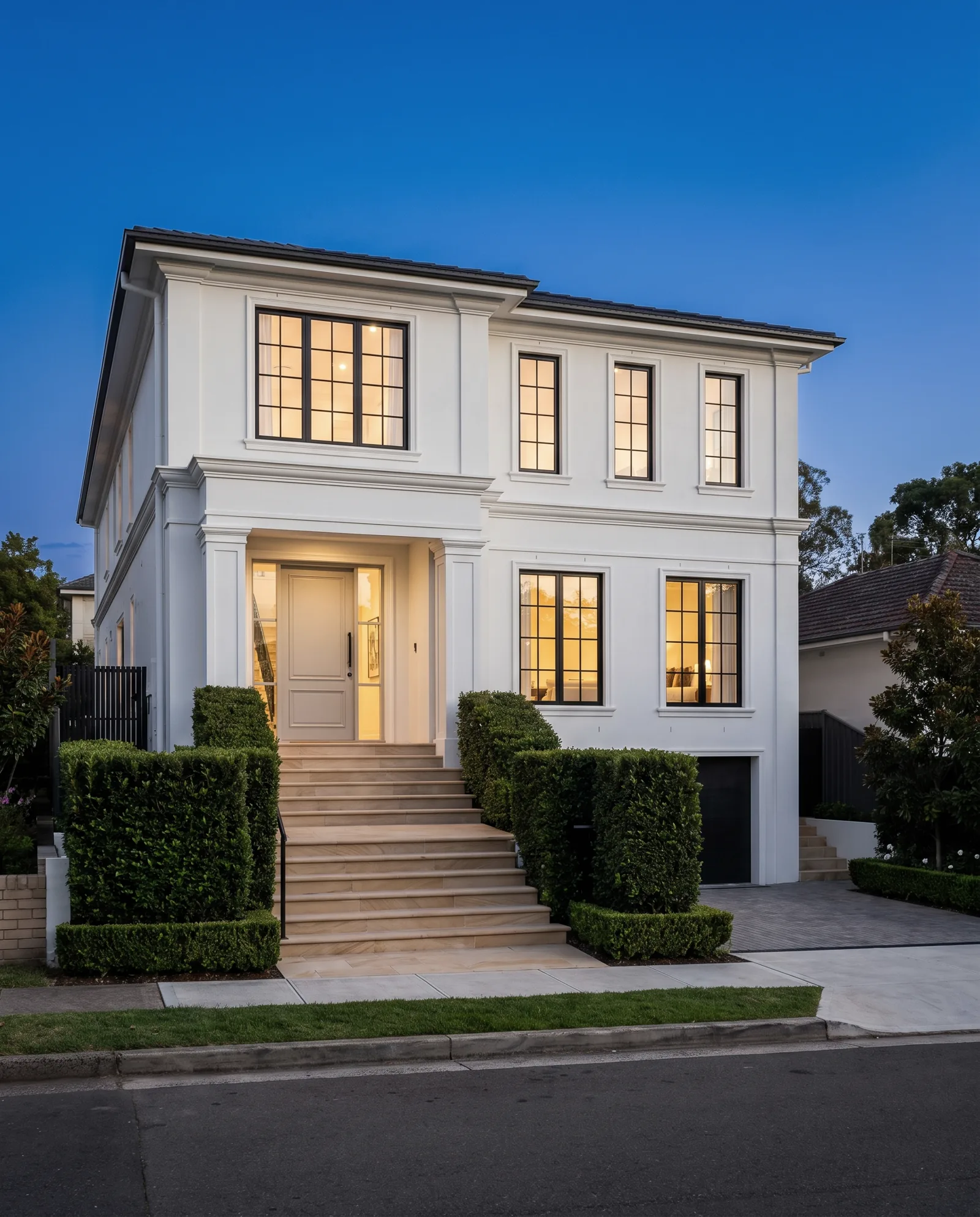 A newly completed two-storey rendered home at dusk