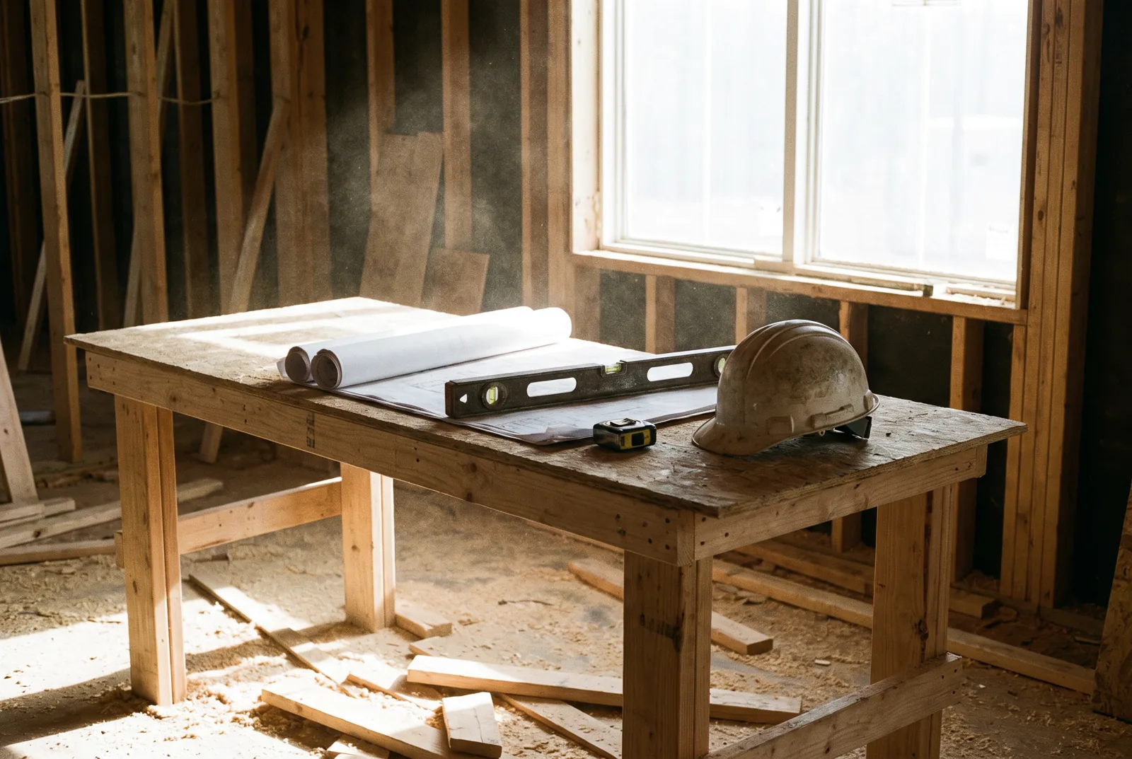 Site table with drawings during a build