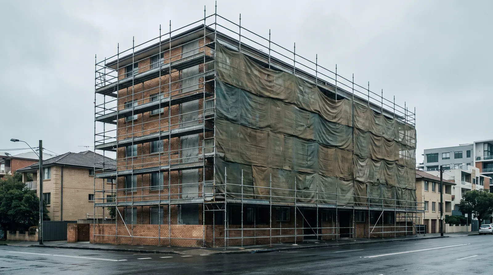 Apartment building wrapped in scaffold during remedial works